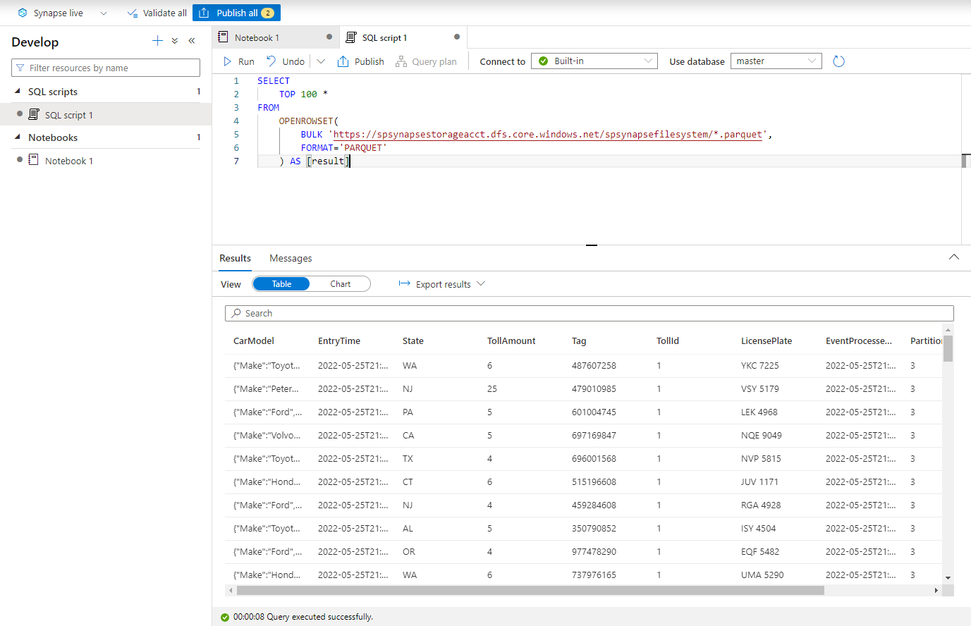 Capture d’écran des résultats du script SQL dans Azure Synapse Analytics.