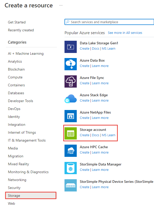 Capture d’écran montrant le menu Créer un compte de stockage.