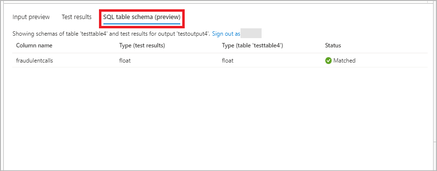 Capture d’écran montrant la comparaison de schémas dans Stream Analytics.
