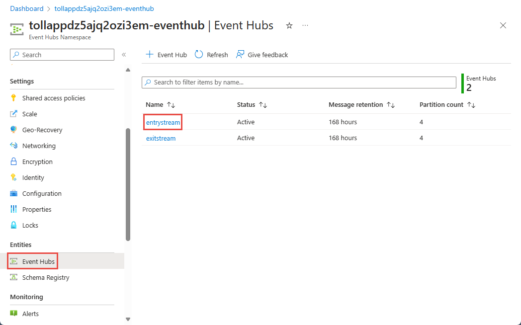 Capture d’écran montrant la sélection du hub d’événements.