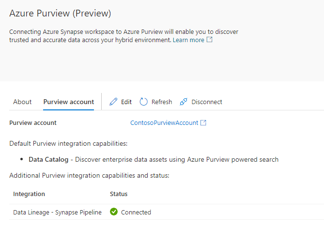 Capture d’écran du monitoring de l’état de l’intégration entre Azure Synapse et Microsoft Purview.