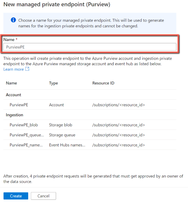 Nommer les points de terminaison privés managés de votre compte Microsoft Purview connecté.
