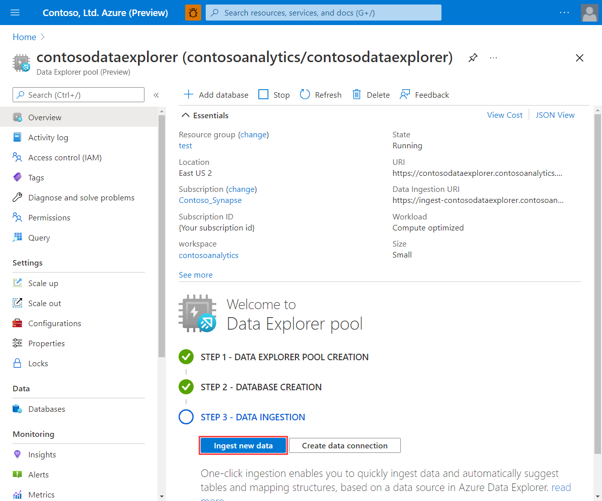 Capture d’écran du portail Azure, montrant l’ouverture d’Azure Data Explorer dans le contexte d’un pool spécifique.