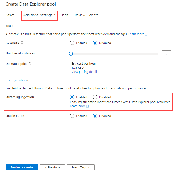 Activer l’ingestion en streaming lors de la création d’un pool Data Explorer dans Azure Synapse Data Explorer.