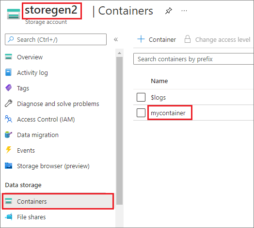 Screenshot d’un compte de stockage Data Lake Storage Gen2.