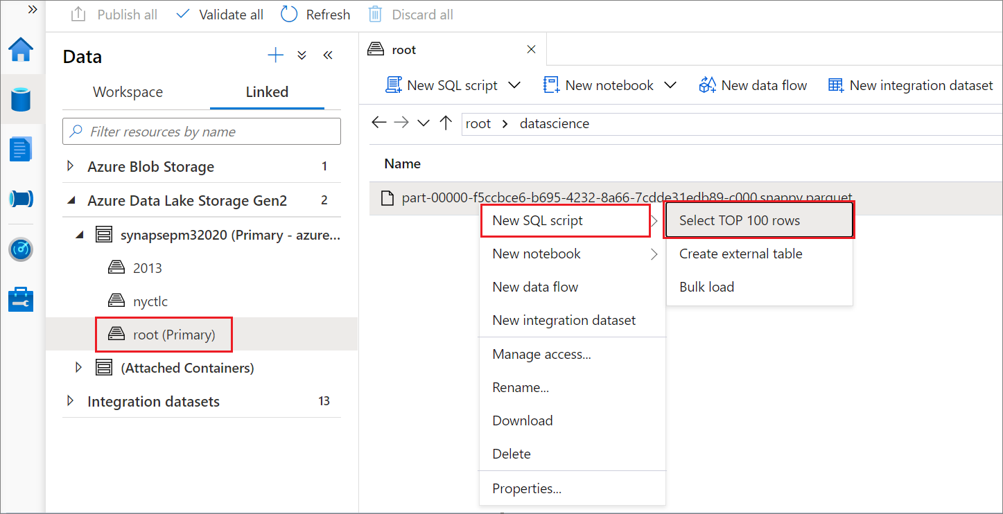 Capture d’écran montrant les sélections permettant d’utiliser un script SQL pour afficher un aperçu du contenu d’un fichier Parquet.