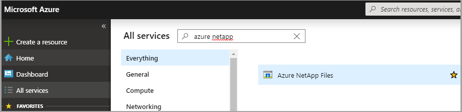 Capture d’écran d’un utilisateur entrant « Azure NetApp Files » dans la zone de recherche Tous les services. Les résultats de la recherche affichent la ressource Azure NetApp Files.