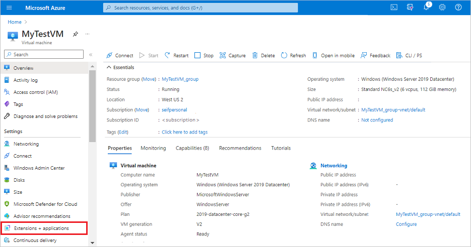 Screenshot that shows how to select Extensions + Applications for a virtual machine in the Azure portal.
