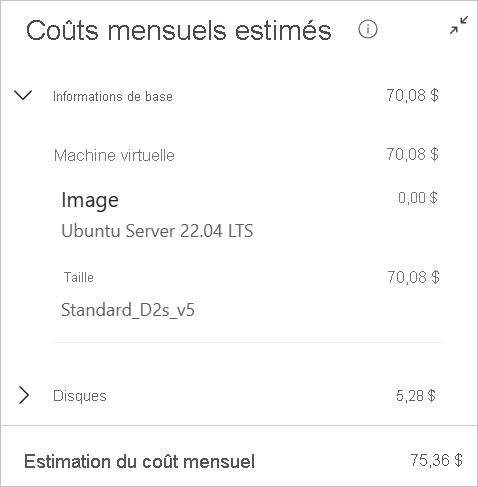 Screenshot of Linux virtual machine estimated cost on creation page in the Azure portal.
