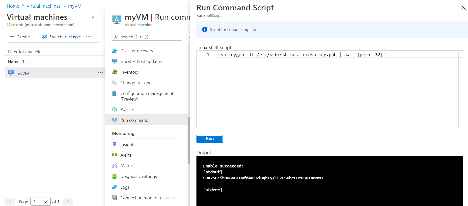 Capture d’écran montrant l’utilisation de Run Command pour valider l’empreinte digitale de l’hôte.