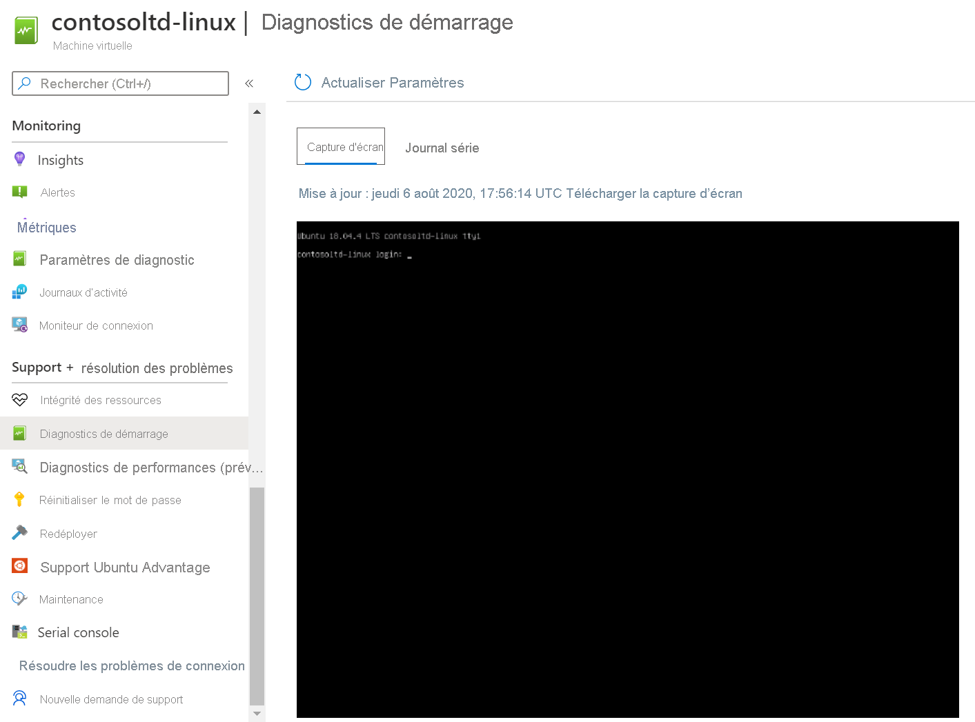 Capture d’écran des diagnostics de démarrage Linux