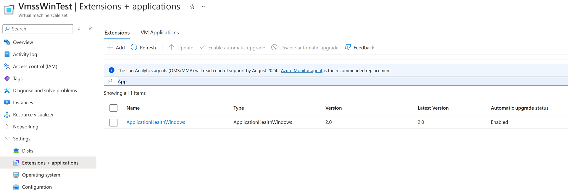 Capture d’écran montrant l’installation de l’extension d’intégrité de l’application dans un groupe de machines virtuelles identiques Windows.