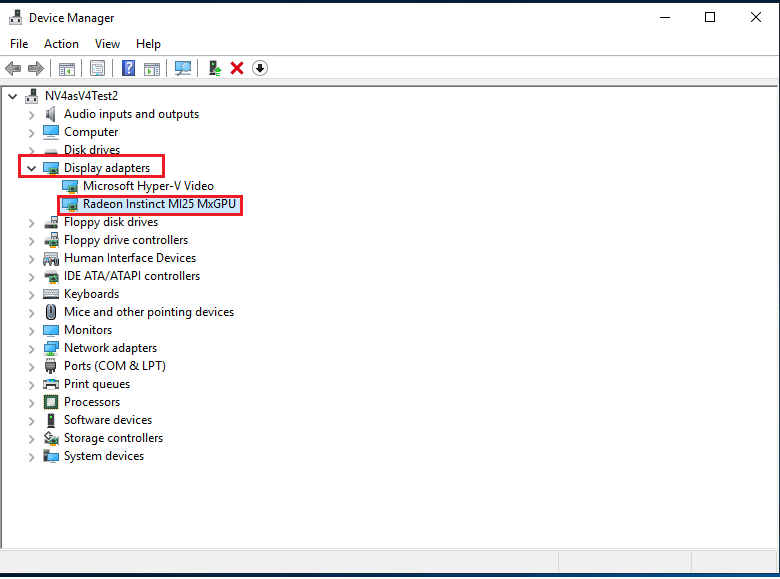 Screenshot that shows successful configuration of the Radeon Instinct MI25 card on an Azure NVv4 VM.