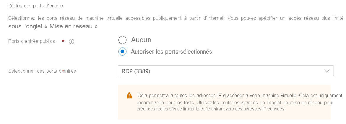 Capture d’écran de la section Règles des ports d’entrée où vous sélectionnez les ports sur lesquels les connexions entrantes sont autorisées