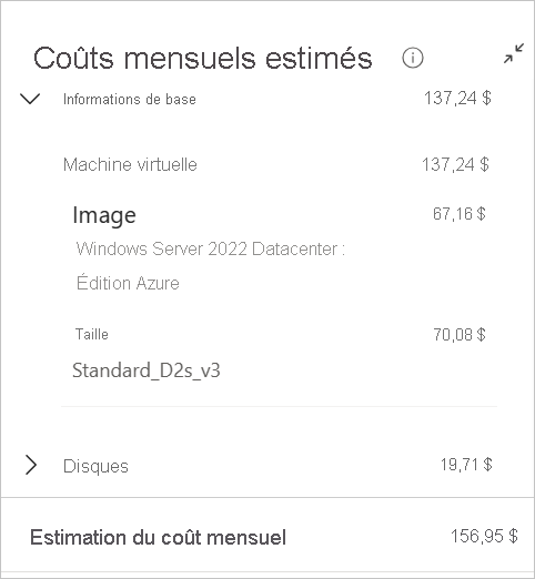 Screenshot of Windows virtual machine estimated cost on creation page in the Azure portal.