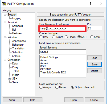 Capture d’écran montrant la boîte de dialogue Configuration PuTTy, avec le champ Nom d’hôte (ou Adresse IP) en surbrillance.