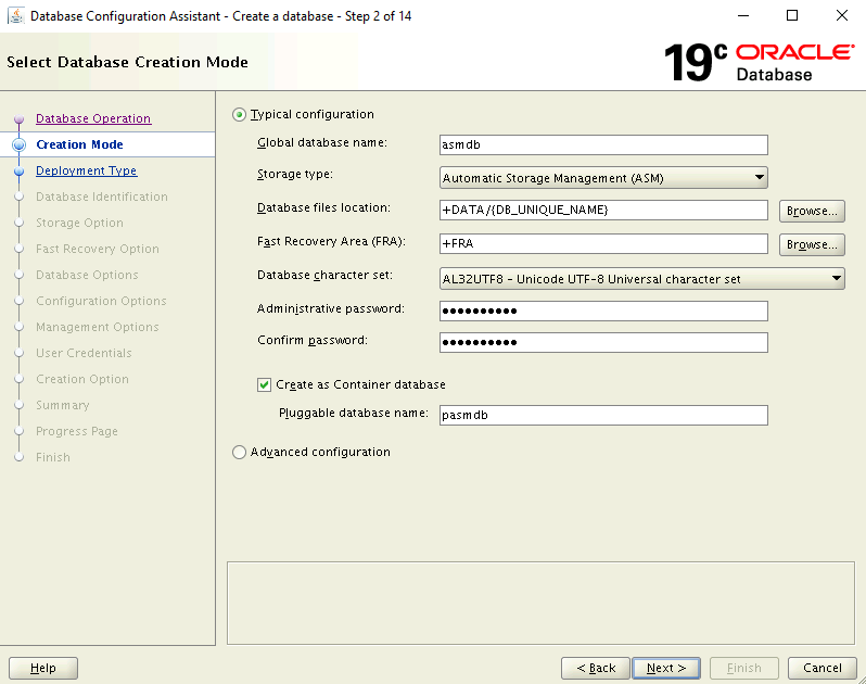 Screenshot of the Database Creation page.