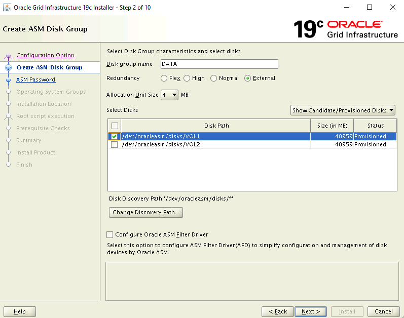 Capture d’écran de la page Create ASM Disk Group (Créer un groupe de disques ASM) du programme d’installation.