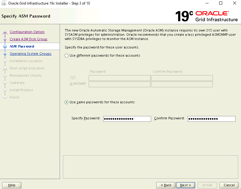 Capture d’écran de la page Specify ASM Password (Spécifier le mot de passe ASM) du programme d’installation.