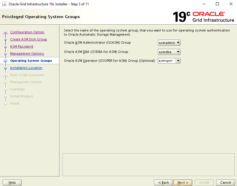 Capture d’écran de la page Privileged Operating System Groups (Groupes privilégiés du système d’exploitation) du programme d’installation.