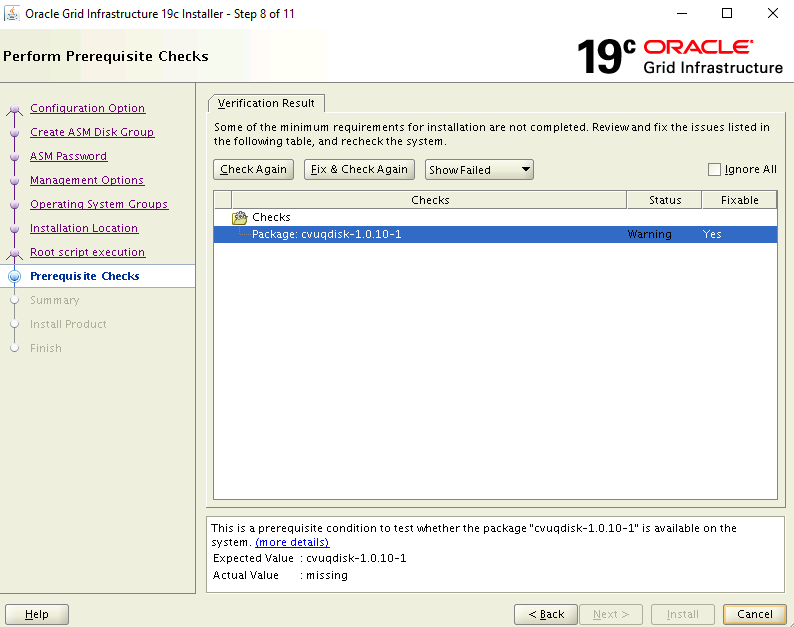 Capture d’écran de la page Perform Prerequisite Checks (Effectuer les vérifications préalables) du programme d’installation.