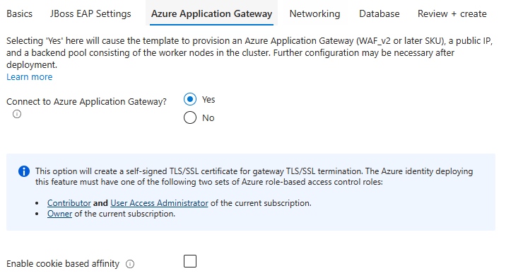 Capture d’écran du portail Azure montrant le volet Azure Application Gateway de JBoss EAP Cluster on VMs.