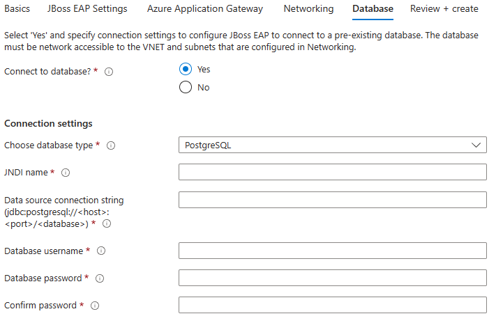 Capture d’écran du portail Azure montrant le volet Base de données de JBoss EAP Cluster on VMs.