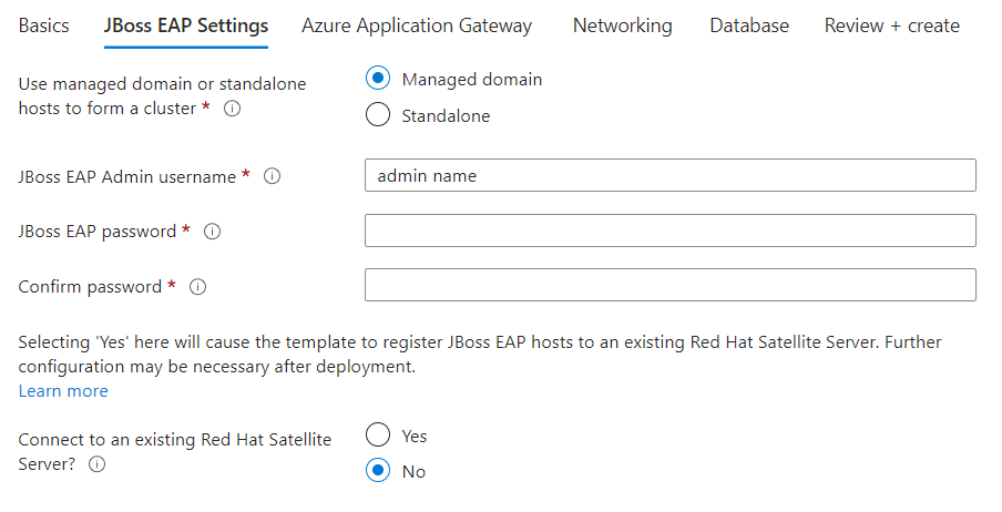 Capture d’écran du portail Azure montrant le volet Paramètres JBoss EAP de JBoss EAP Cluster on VMs.