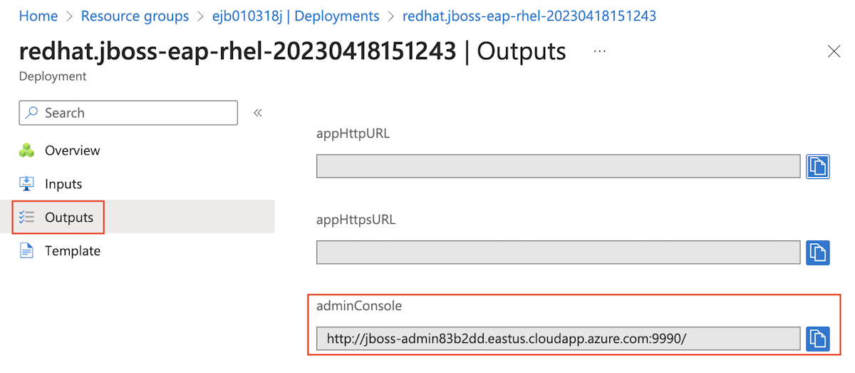 Capture d’écran du portail Azure montrant les sorties de déploiement avec l’URL adminConsole mise en évidence.