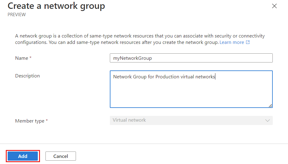 Capture d’écran de la page Créer un groupe réseau.