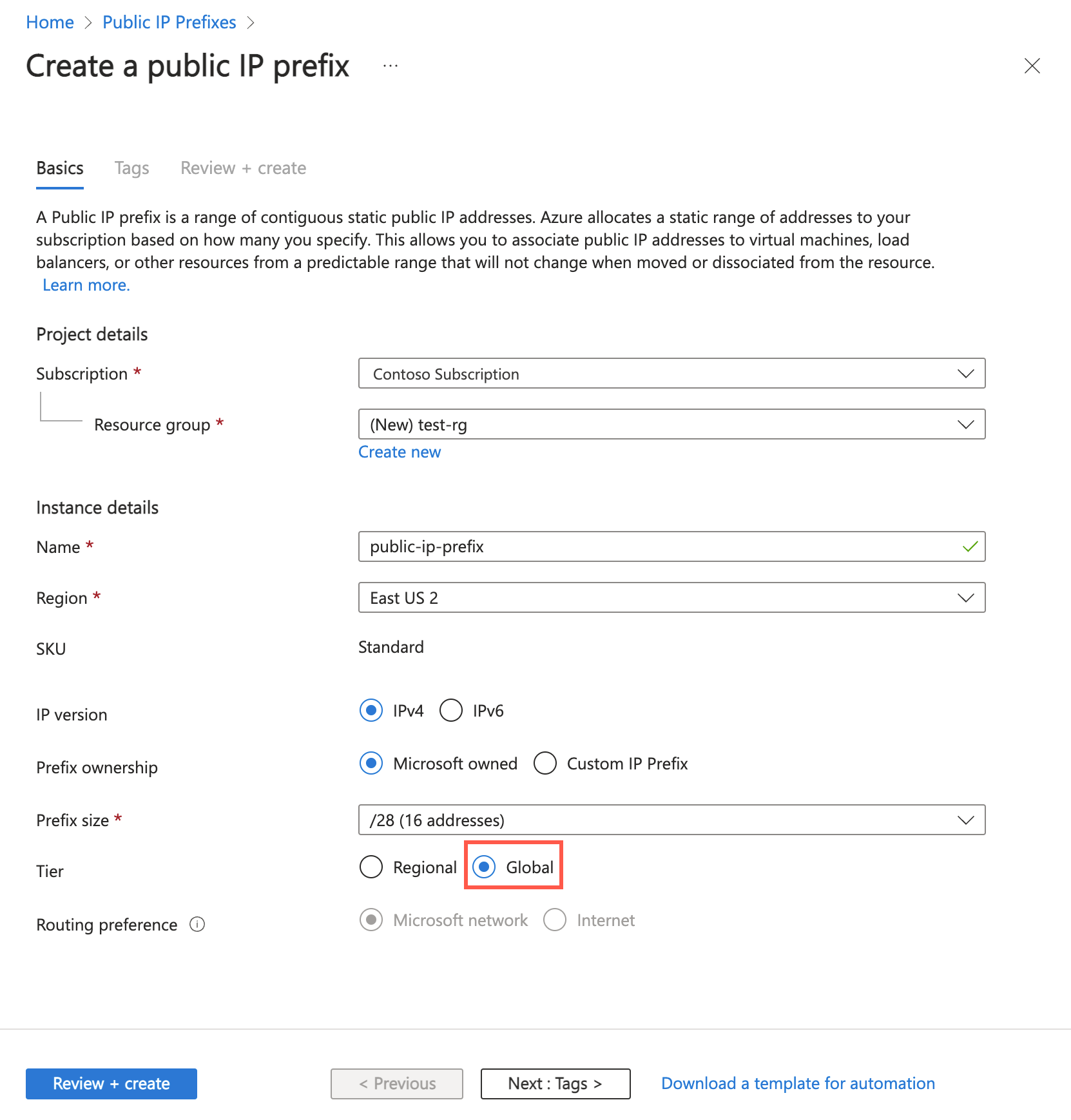 Capture d’écran illustrant la création d’un préfixe d’adresse IP publique avec le niveau global sur le portail Azure.