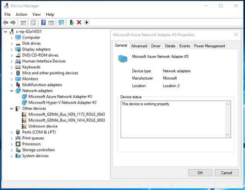 Capture d’écran du Gestionnaire de périphériques Windows montrant qu’une carte réseau MANA a été identifiée avec succès.