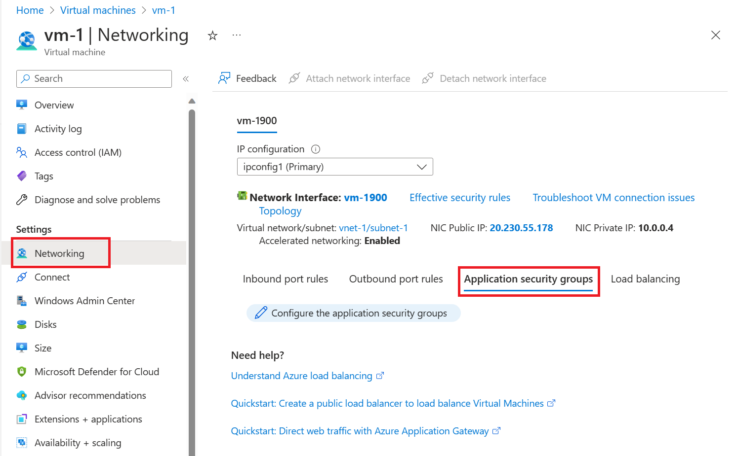 Screenshot of Configure application security groups.