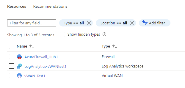 Capture d’écran montrant une ressource de pare-feu dans le groupe de ressources du hub vWAN.