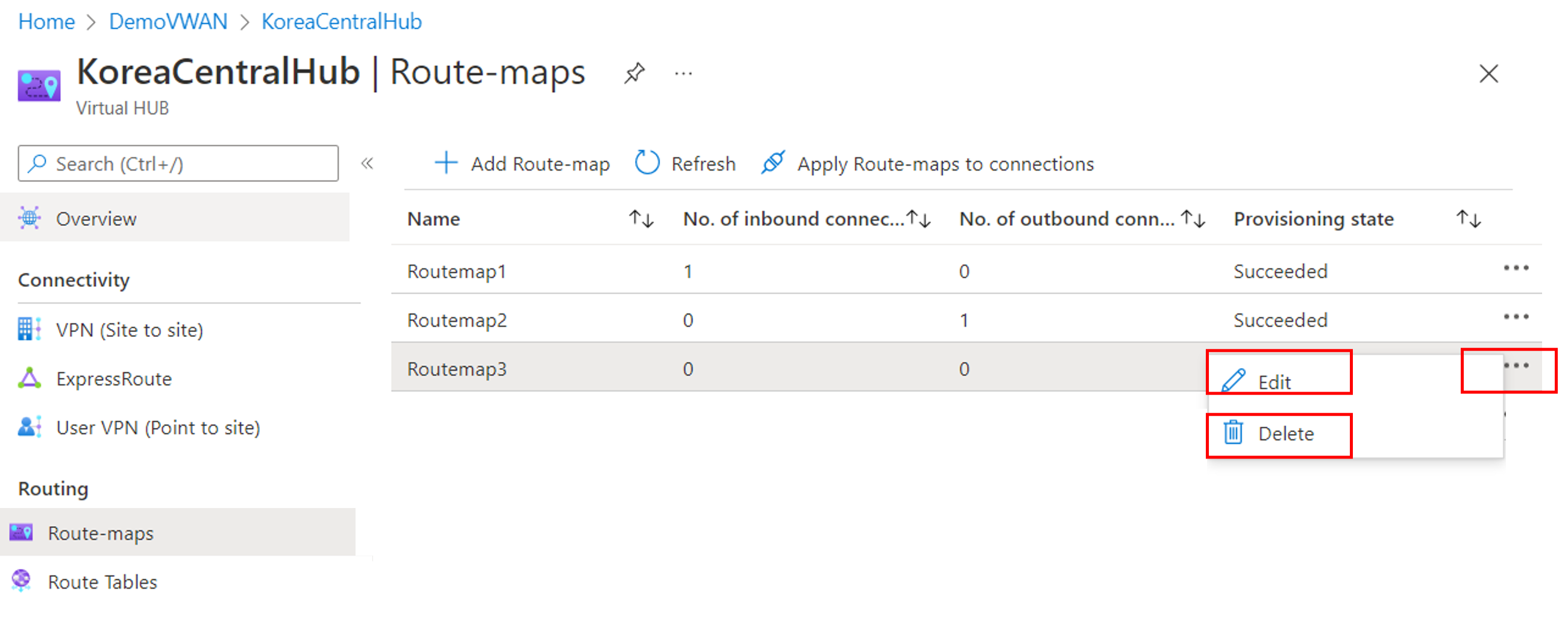Screenshot shows how to modify or remove a route-map or rules.