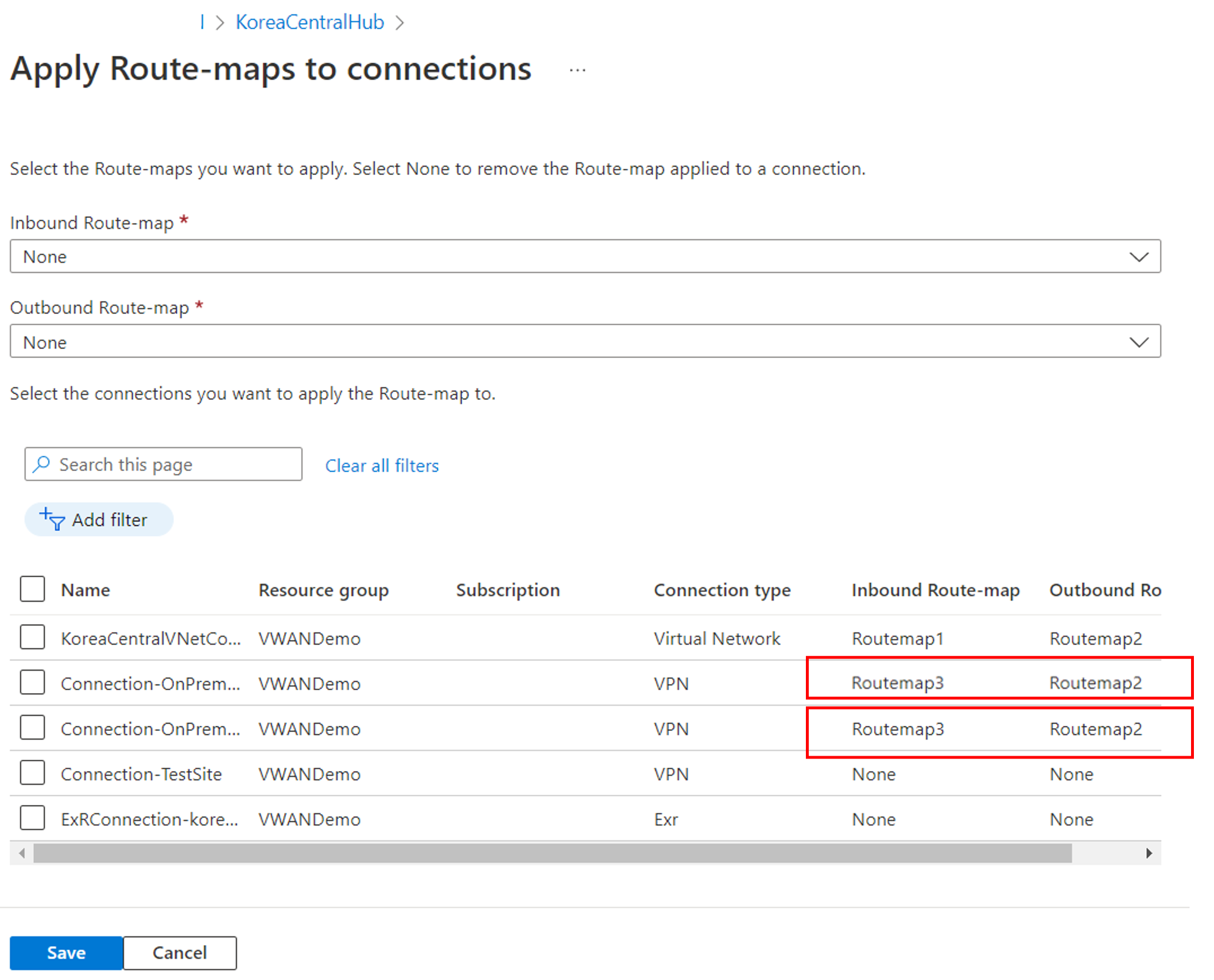 Screenshot shows Apply Route-maps to connections page to verify changes.