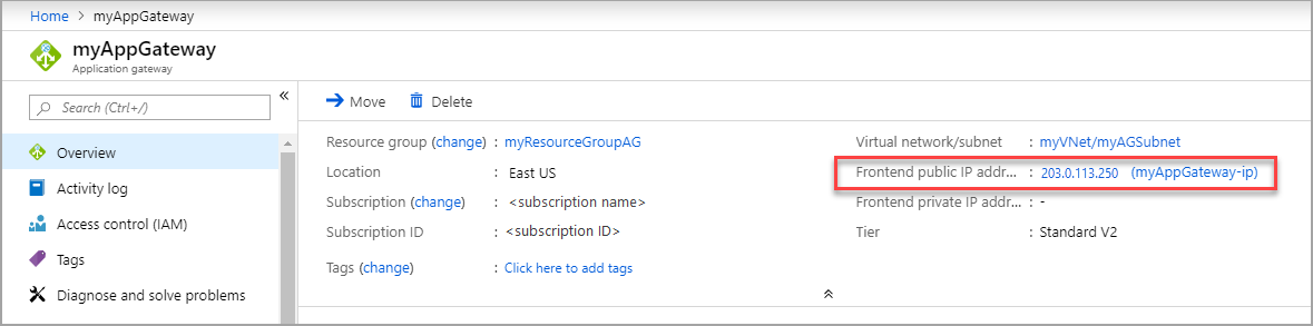 Capture d’écran de l’adresse IP publique Application Gateway dans la page Vue d’ensemble.