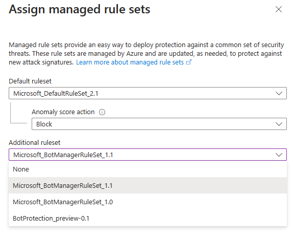 Capture d’écran du portail Azure montrant la page d’attribution de règles managées, avec le champ déroulant « Ensemble de règles supplémentaire » mis en évidence.