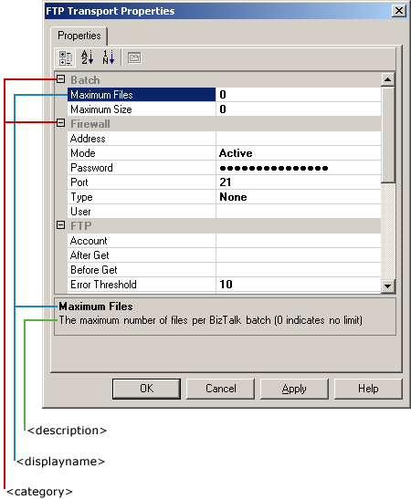 Image montrant comment la page de propriétés d’emplacement de réception FTP implémente certaines de ces balises.