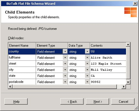 FlatFileSchemaWizard_ChildElements2 Image montrant l’écran Éléments enfants.
