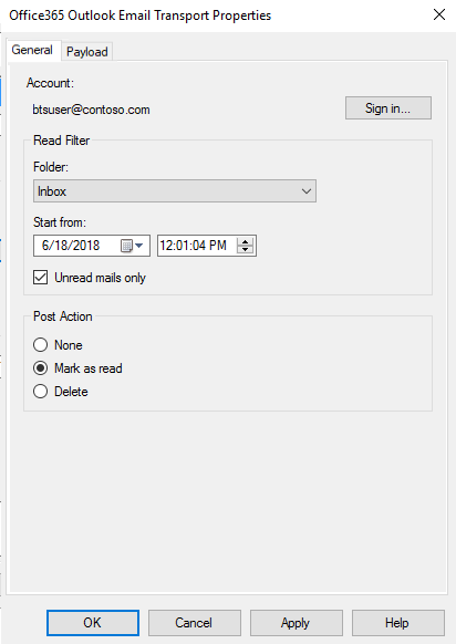 propriétés du point de terminaison de messagerie Office 365 dans BizTalk Server