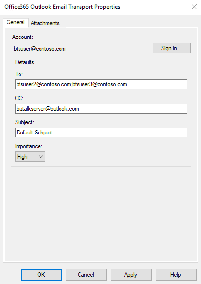 Office 365 propriétés Outlook Email Général dans BizTalk Server