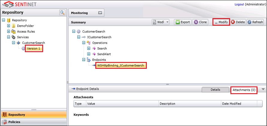 Modifier la SentinetWP_ServiceEndpoint du point de terminaison de service