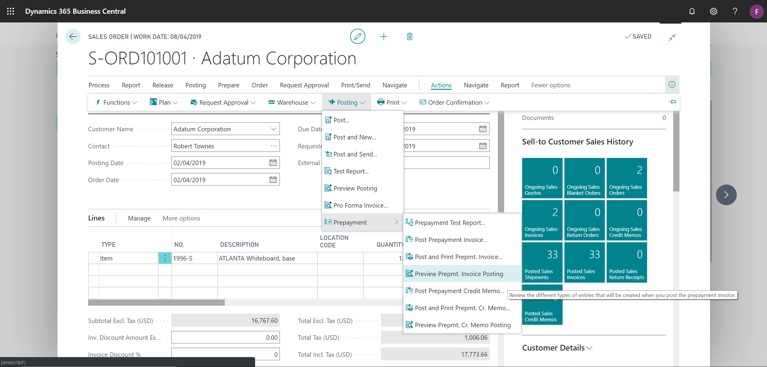 Affichage des actions d’aperçu de validation des acomptes sur la page Commandes client