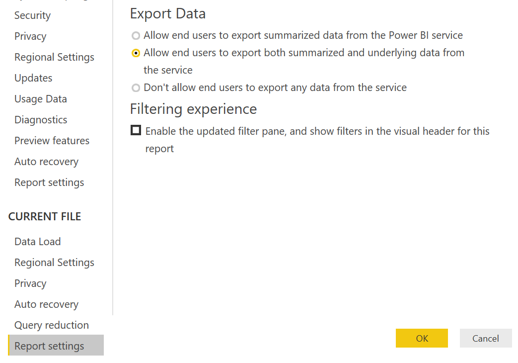 Paramètres du rapport pour l'exportation de données dans Power BI Desktop