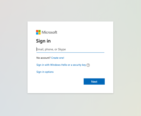 Écran de connexion au compte Microsoft avec le champ e-mail, le lien des options de connexion et le bouton Suivant.