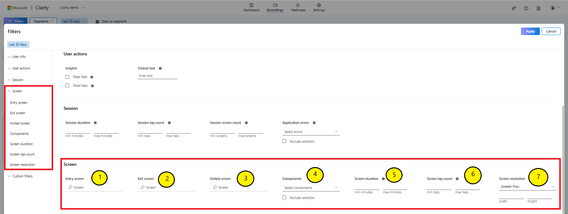 Filters by screen in sdk.