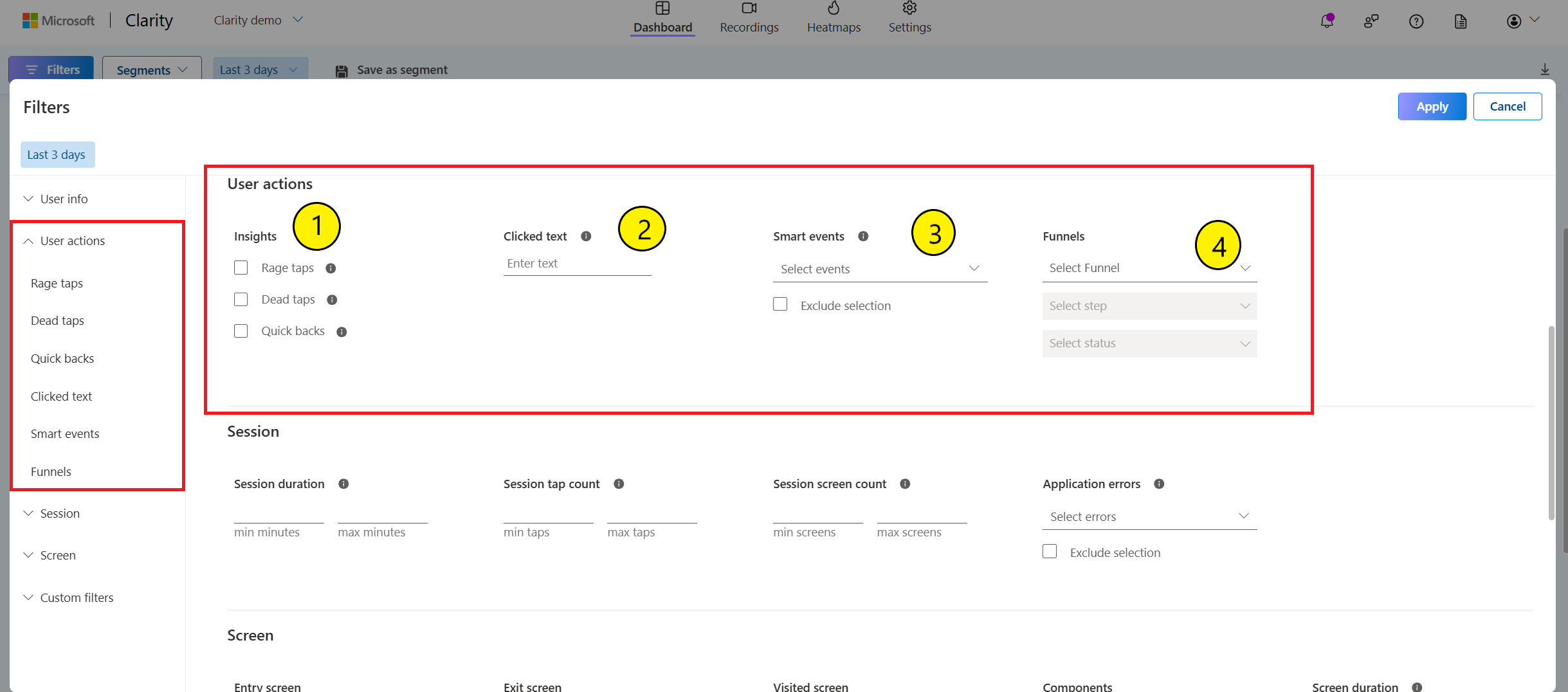 Filters by user actions in sdk.