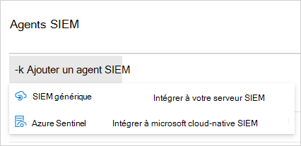 Screenshot showing Add SIEM integration menu.
