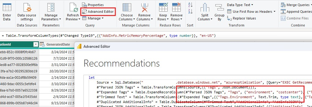 Capture d’écran montrant l’éditeur avancé dans lequel vous modifiez la logique de transformation.